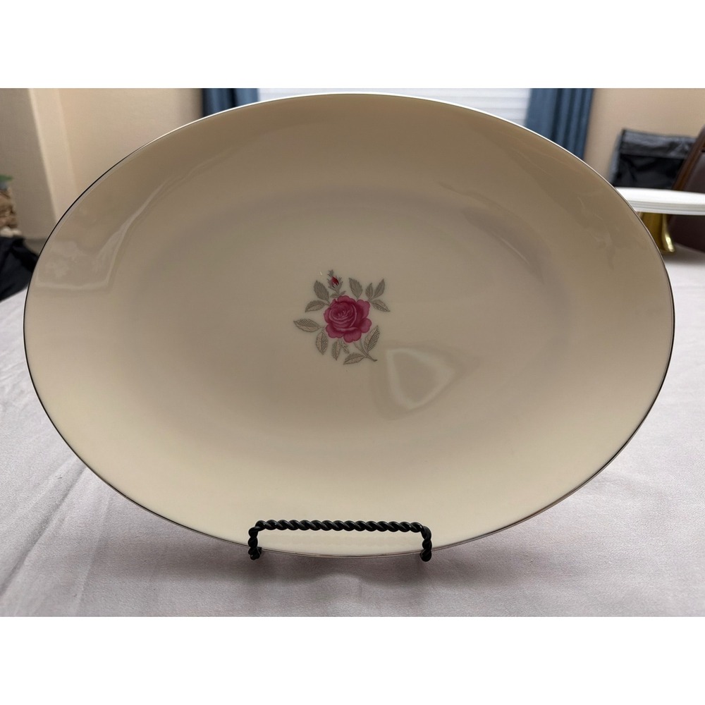 Lenox Ballad Oval Serving Platter Pink Rose Platinum Trim Ivory China USA Small